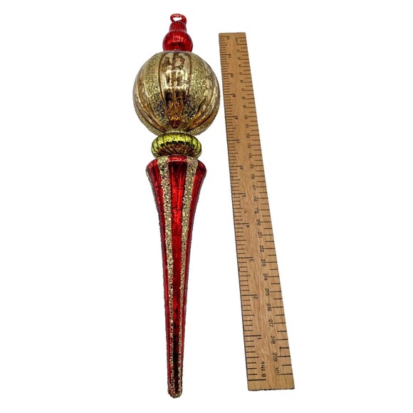 12” Vintage Red Gold Blown Glass Finial Christmas Tree Ornament Glitter - Picture 3 of 7
